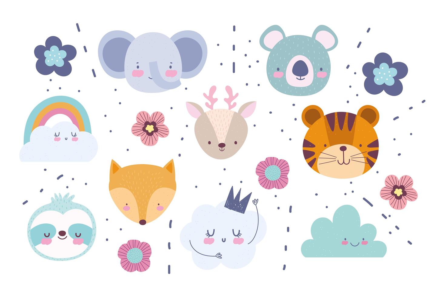 Little animal faces icon set with background vector