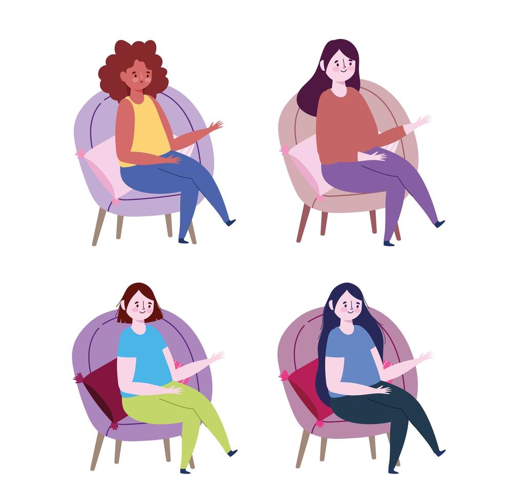 Women sitting on chairs with pillows icon set vector