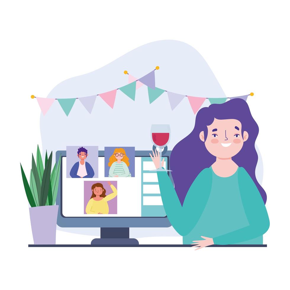 Woman on a online party and celebration via video call vector