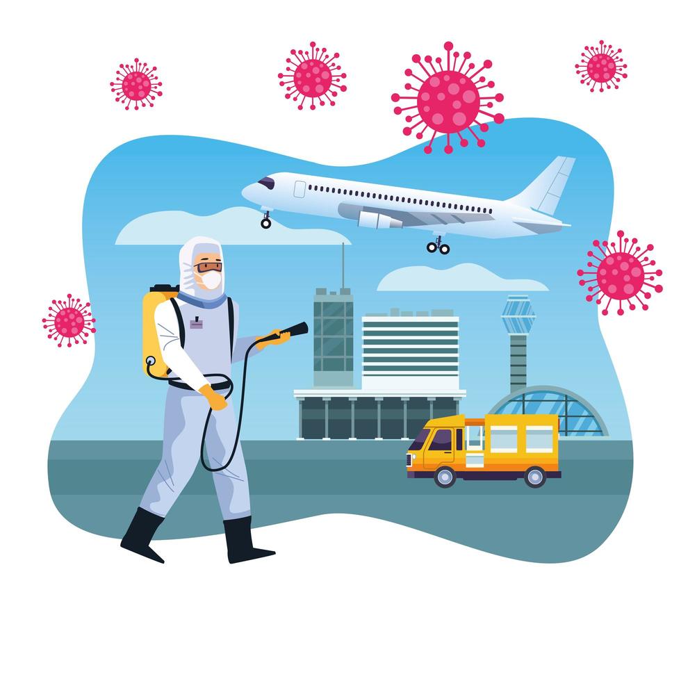 Biosafety worker disinfects airport for COVID 19 vector