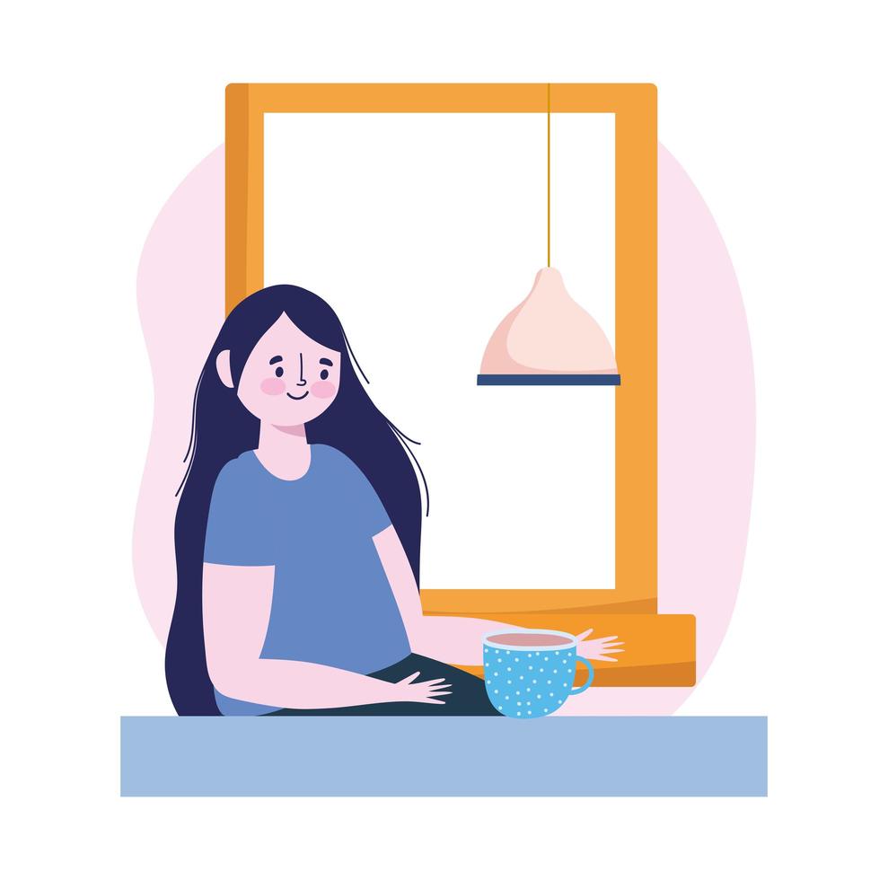 mujer bebiendo una taza de té junto a una ventana vector