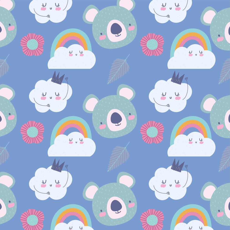 Little koala faces with clouds pattern background vector