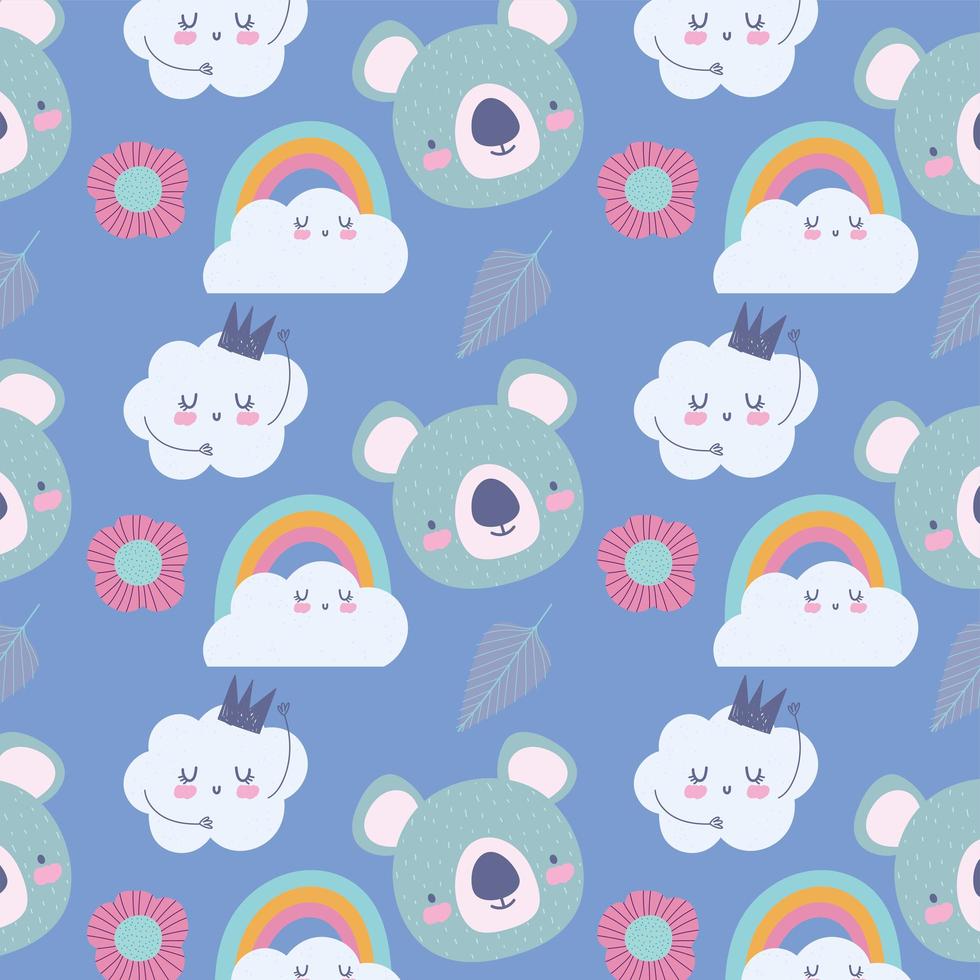 Pequeñas caras de koala con fondo de patrón de nubes vector