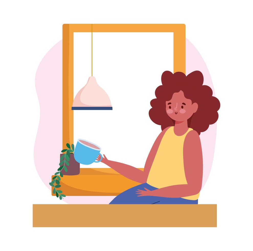 Woman drinking a cup of coffee cup next to a window vector