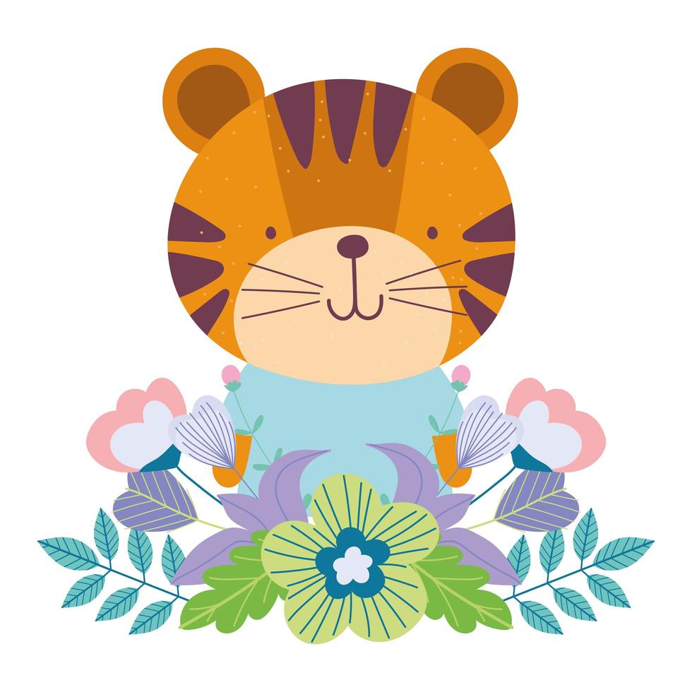 Cute tiger with flowers and foliage vector