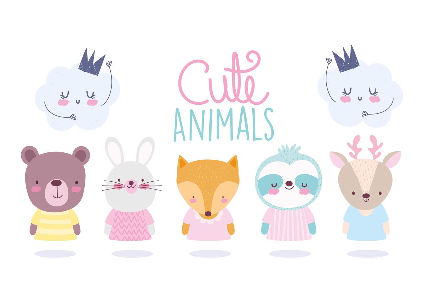 Set of cute animals characters with cloud icons vector