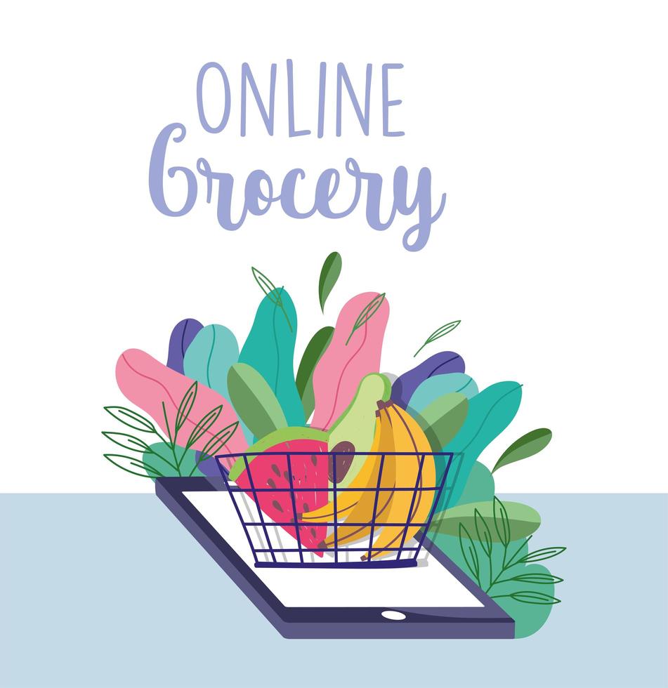 Grocery store online with phone and a basket of produce banner vector