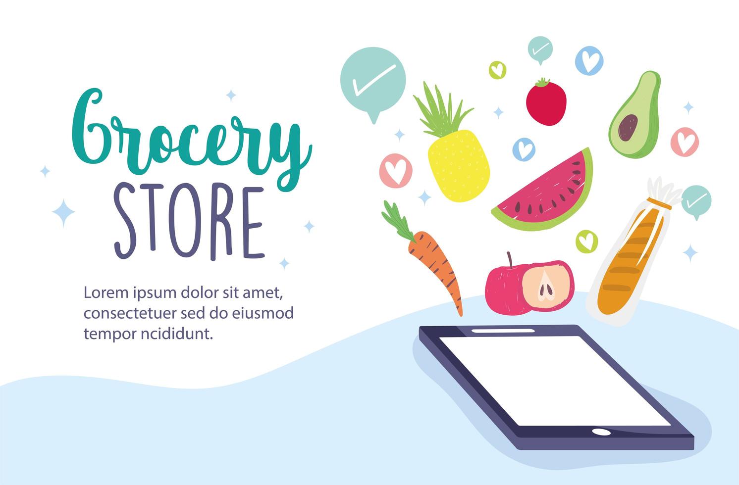 Plantilla de banner en línea de tienda de comestibles con teléfono y verduras vector
