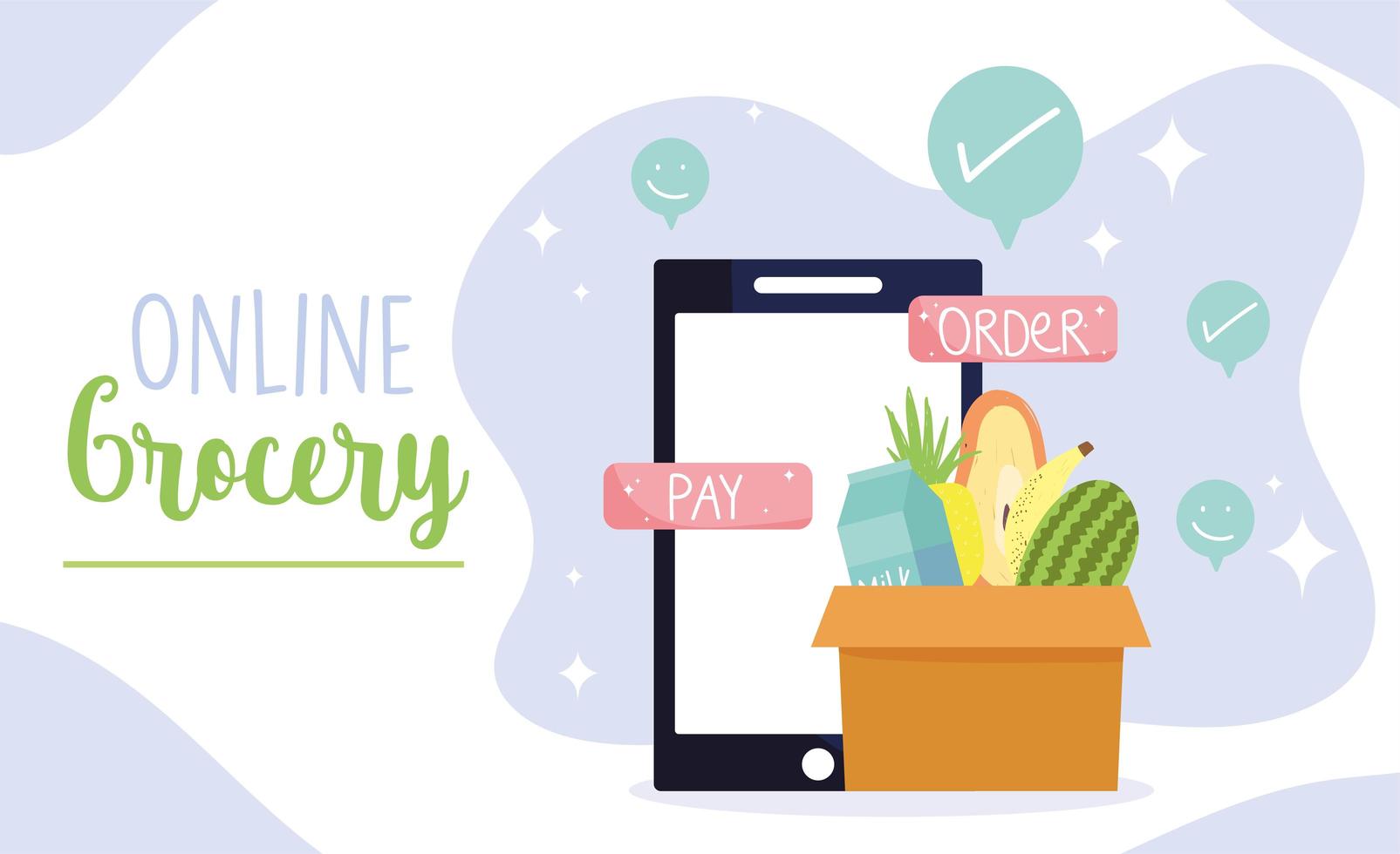 Grocery store online banner template with smart phone and a box of produce vector