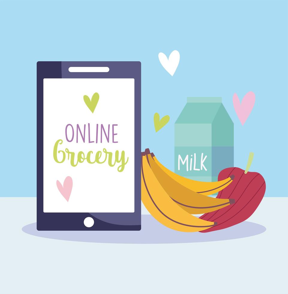 Smartphone, fruits and millk online order icon vector