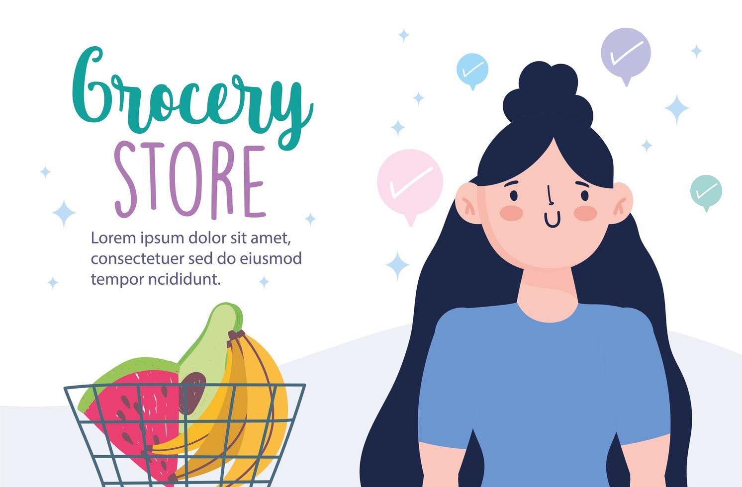 Online grocery store with woman and a basket of fruits banner template vector