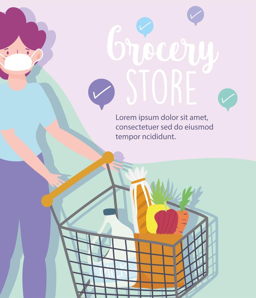 Online grocery store with woman wearing a mask banner template vector