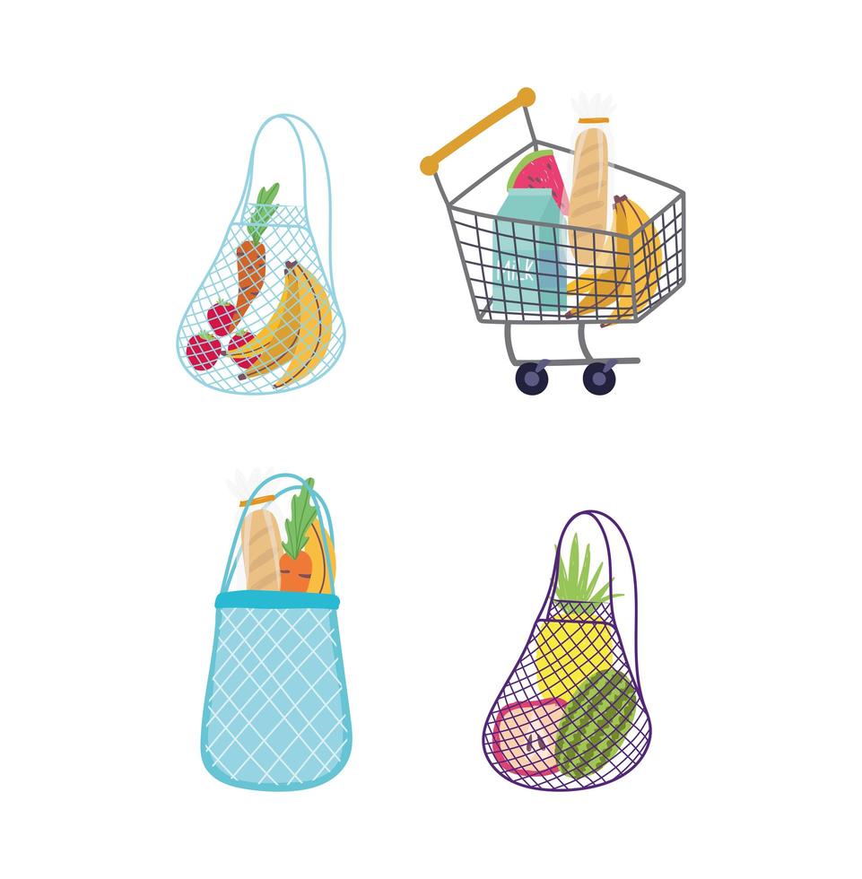 comestibles en bolsas ecológicas y conjunto de iconos de carrito de compras vector