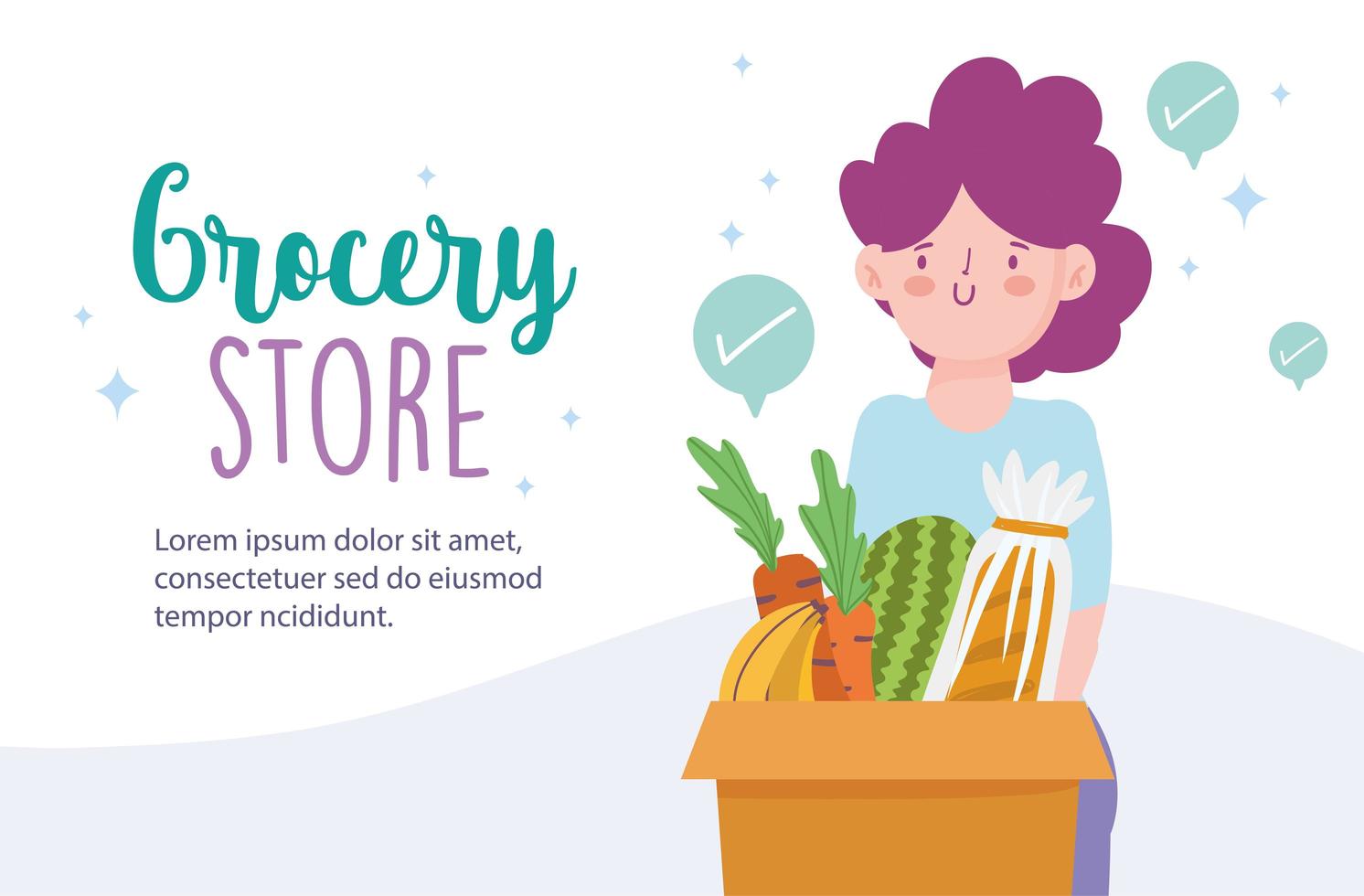 Grocery store online banner template with woman carrying groceries vector