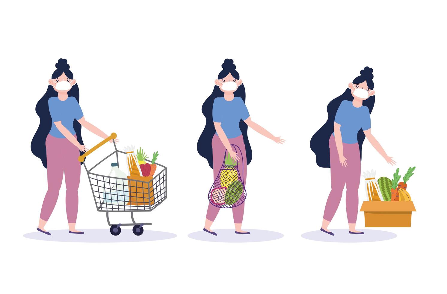 mujer con cabello largo con un conjunto de iconos de compras de mascarilla vector