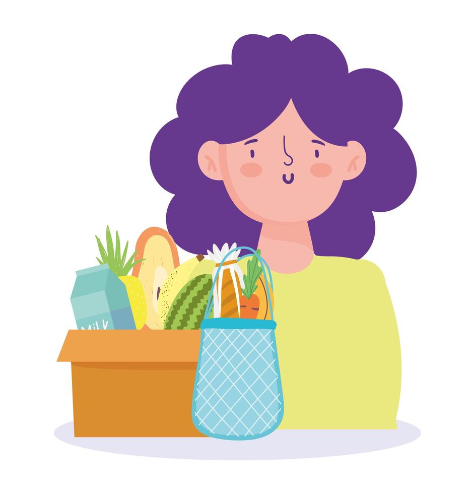 Woman with box and bag of groceries vector