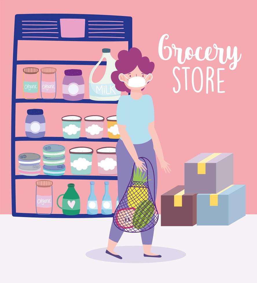 Woman with a face mask and eco friendly bag in the supermarket vector