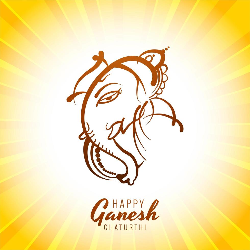 Happy Ganesh Chaturthi Card with Line Lord Ganesha on Yellow Sunburst vector