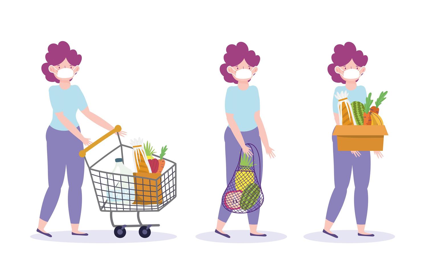 Woman with a face mask shopping icon set vector