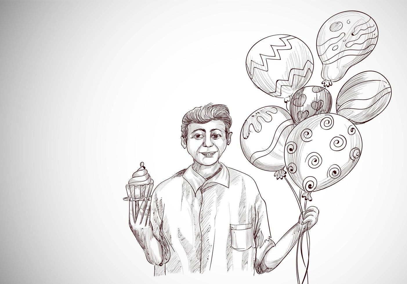 Happy Birthday Guy Looking with Holding Balloons and Cupcake Sketch vector