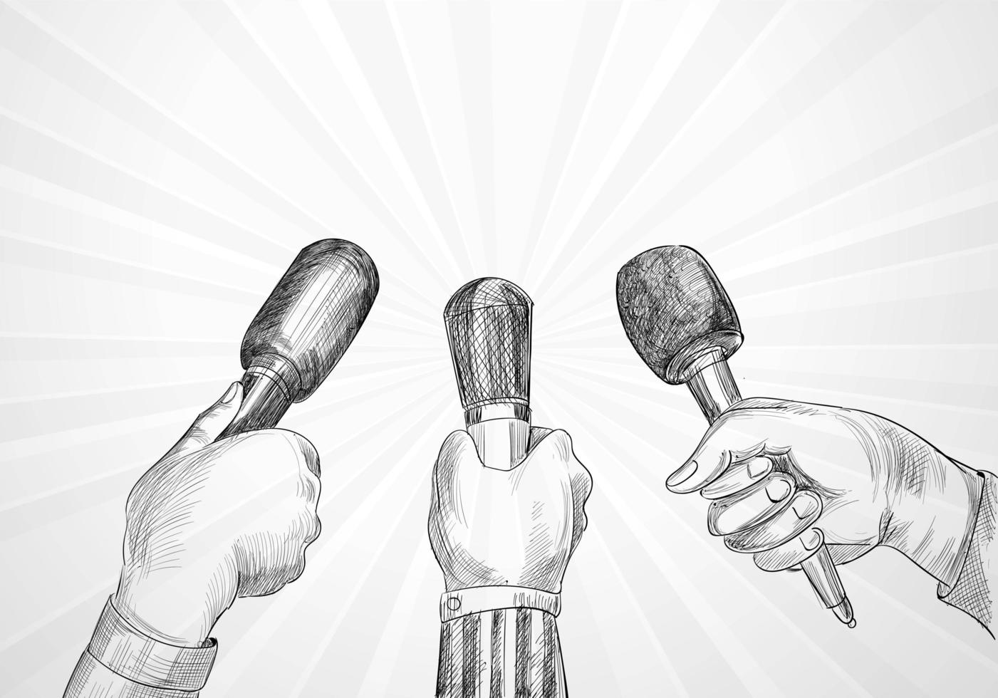 Conference with Reporter Hands Holding Microphones Sketch vector