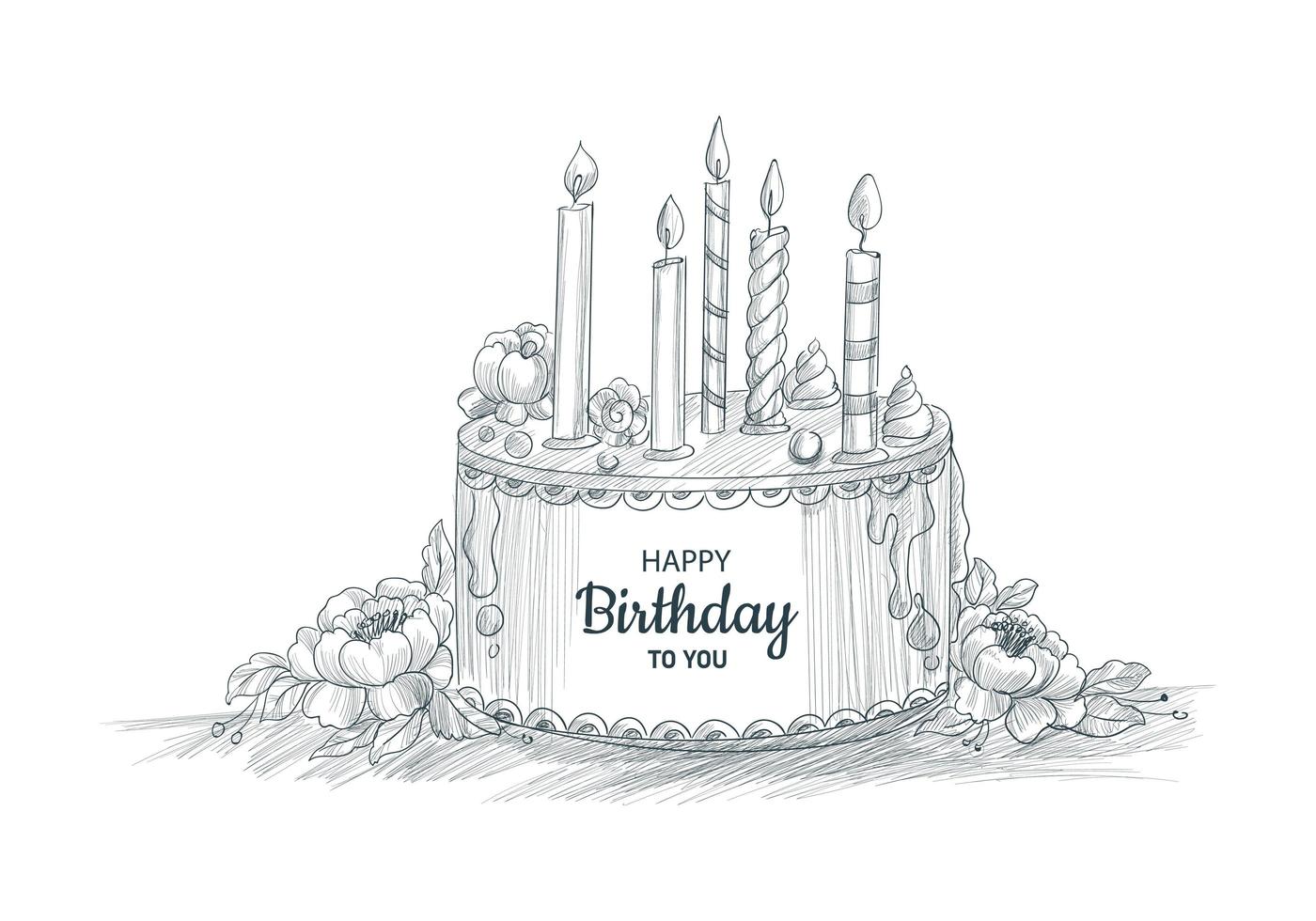 Pastel decorativo de feliz cumpleaños con diseño de boceto de velas vector