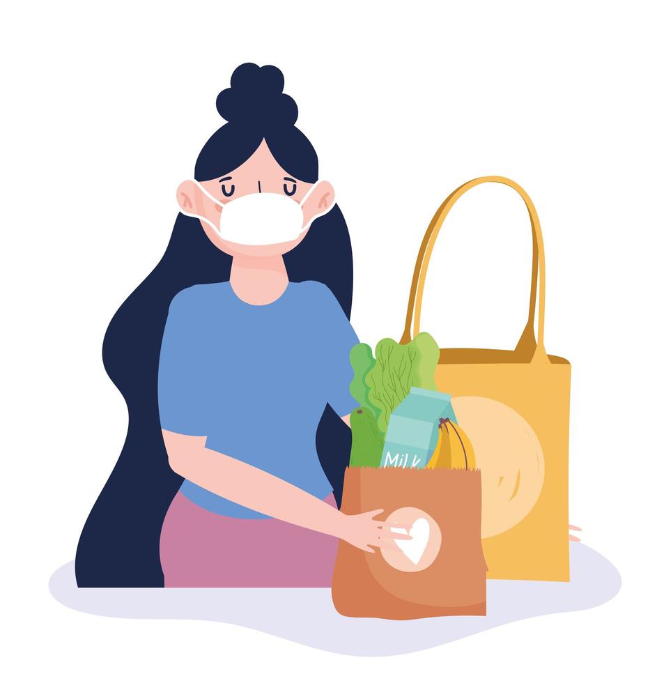 Woman wearing a face mask with a bag of groceries vector