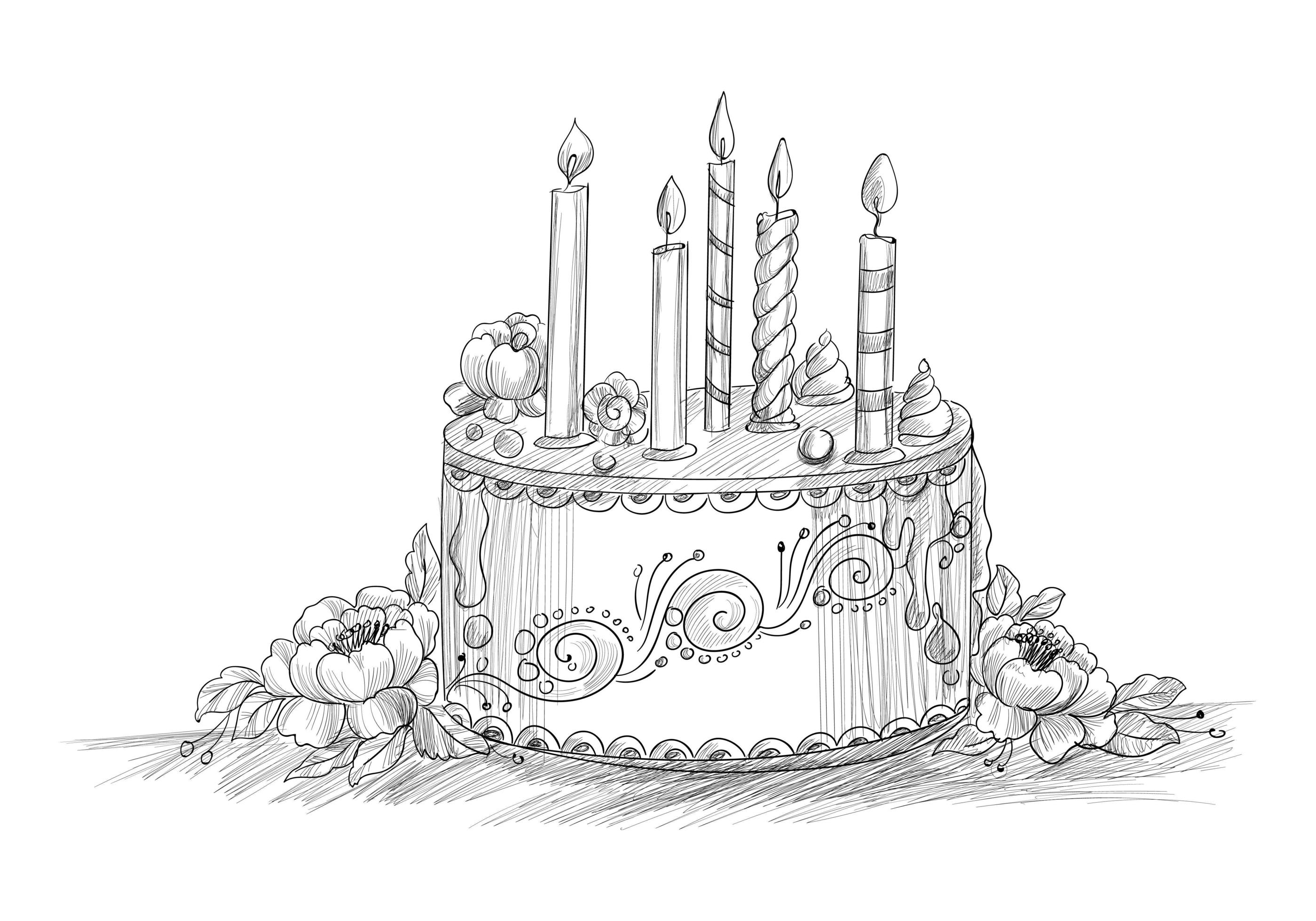 Happy Birthday Decorative Cake With Candles Line Sketch Vector Art At Vecteezy