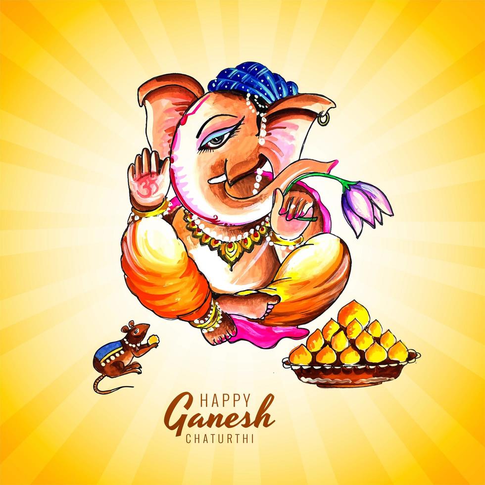 tarjeta ganesh chaturthi dibujada a mano en rayos de luz amarillos vector