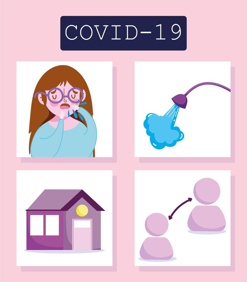 infografía de coronavirus con niña y conjunto de iconos de prevención vector