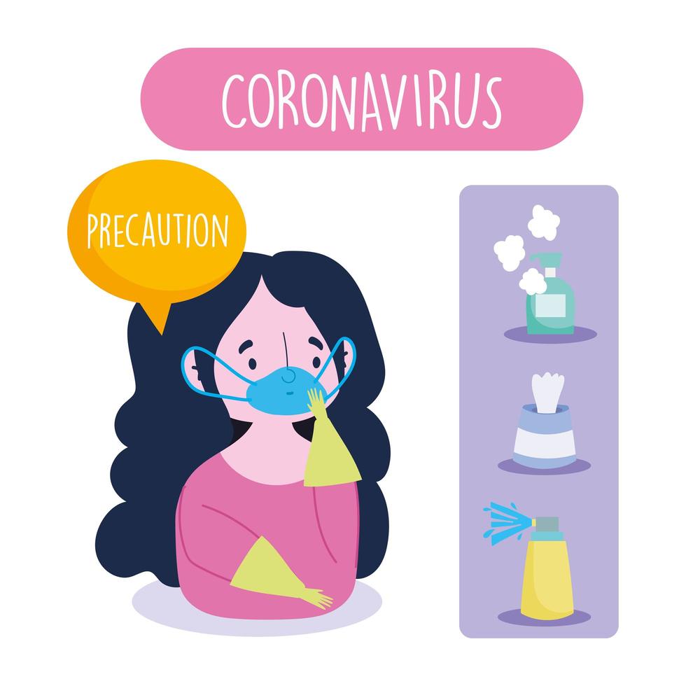 Girl wearing face mask and gloves on coronavirus preventive infographic vector