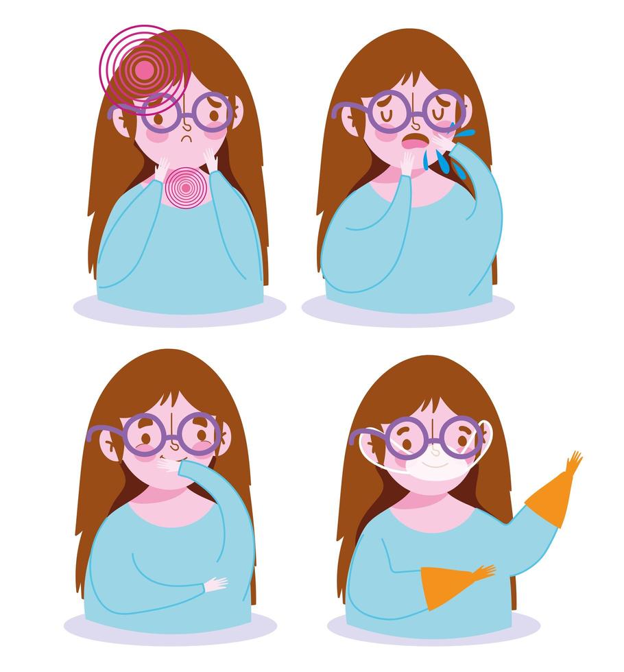 Girl with disease symptoms and prevention icon set vector