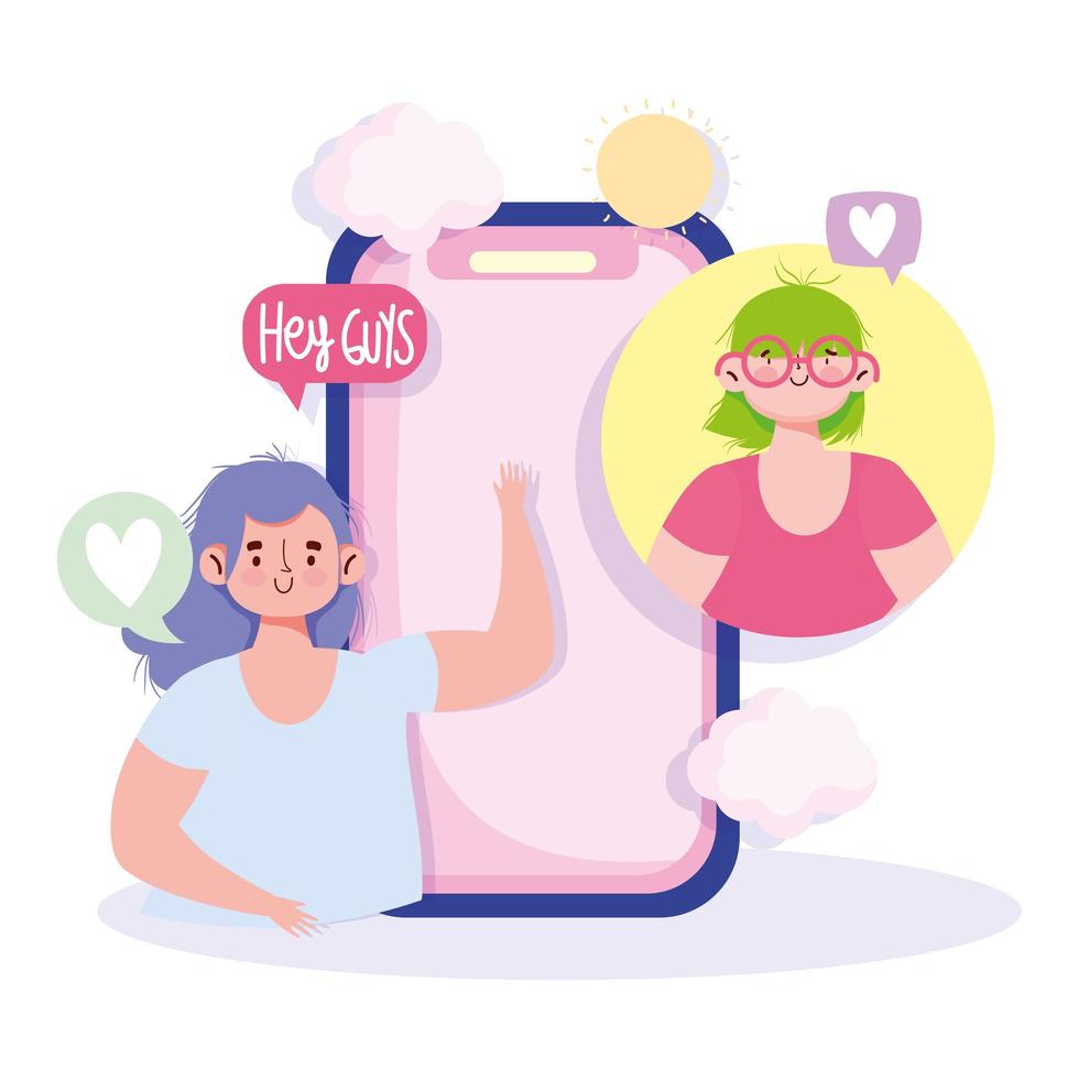 Girls with speech bubbles interacting via smartphone vector