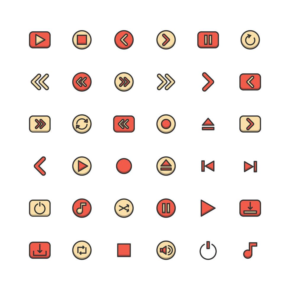 Media filled outline icon set vector