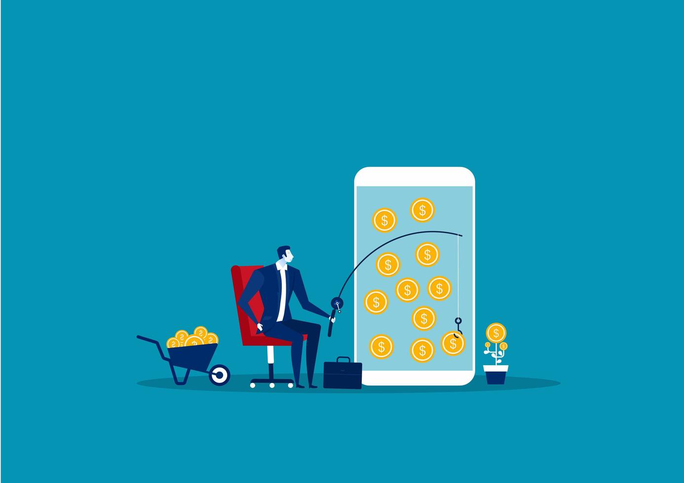 Businessman fishing money on smartphone vector