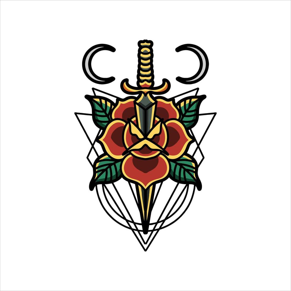 Rose and dagger tattoo vector