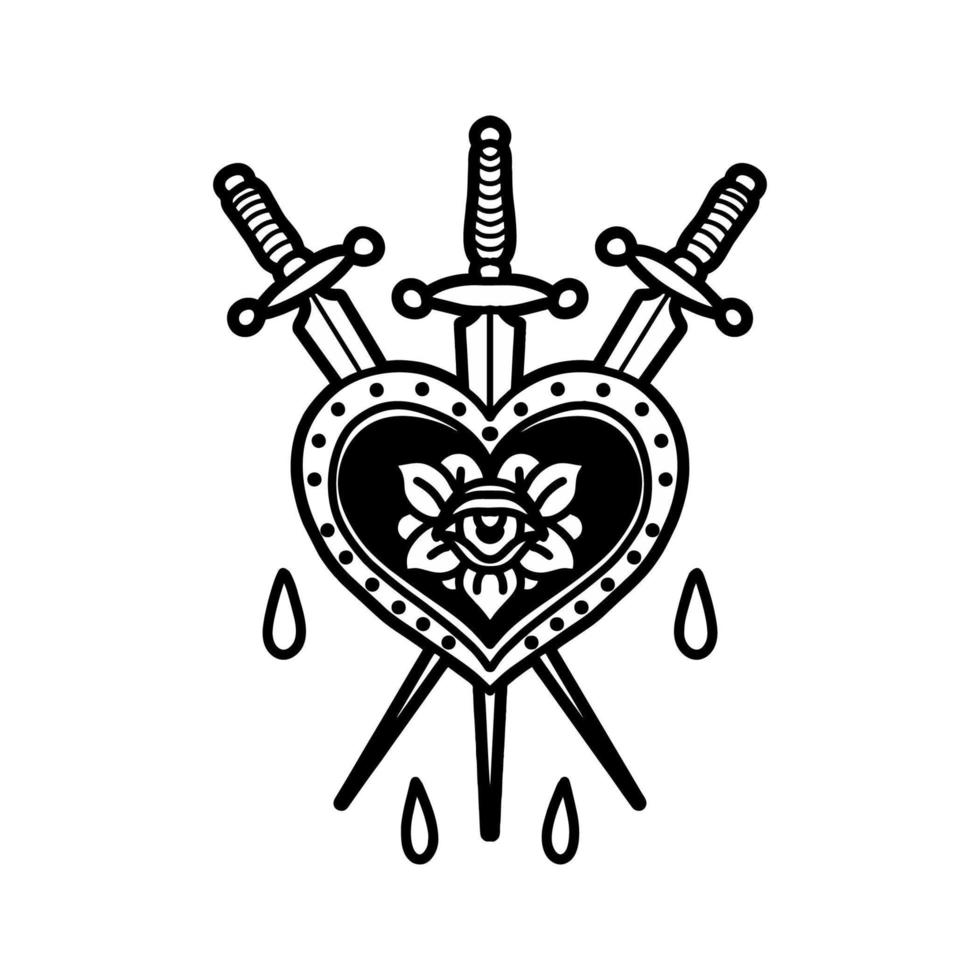 Heart And Dagger Black And White Tattoo Style Print