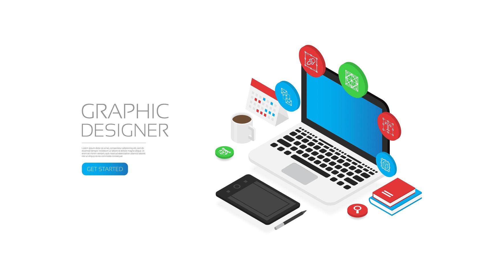 Isometric graphic designer laptop workspace vector
