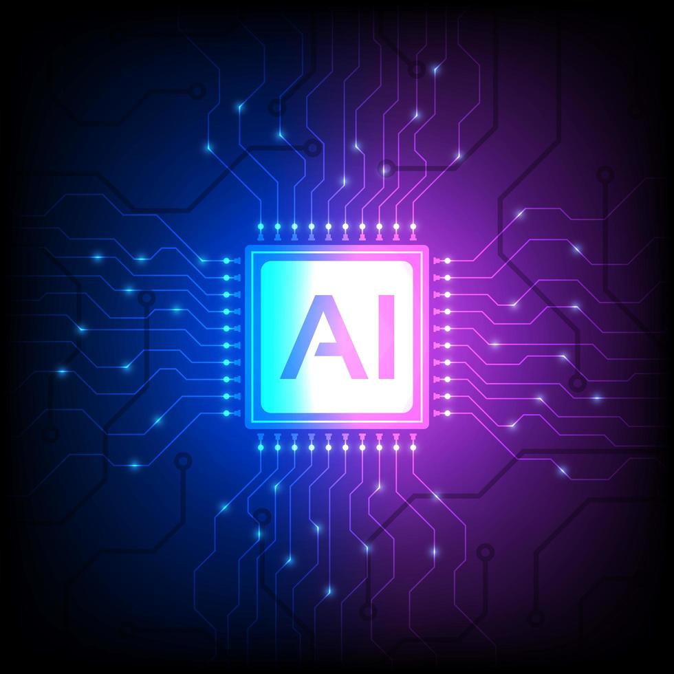 AI processor chip on blue purple gradient vector