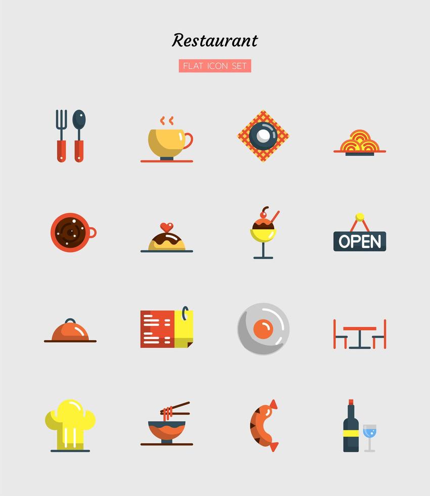 colorido, plano, restaurante, icono, símbolo, conjunto vector