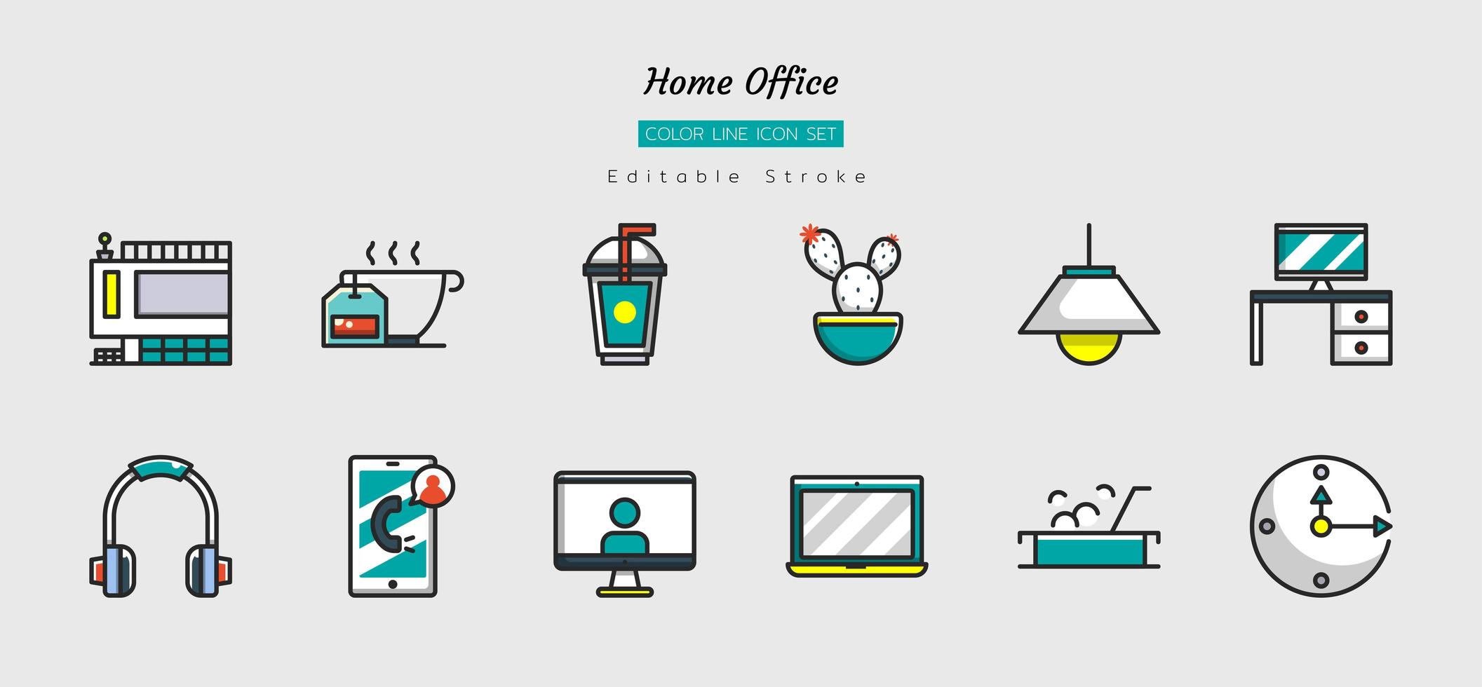 línea de color llena icono de oficina en casa conjunto de símbolos vector