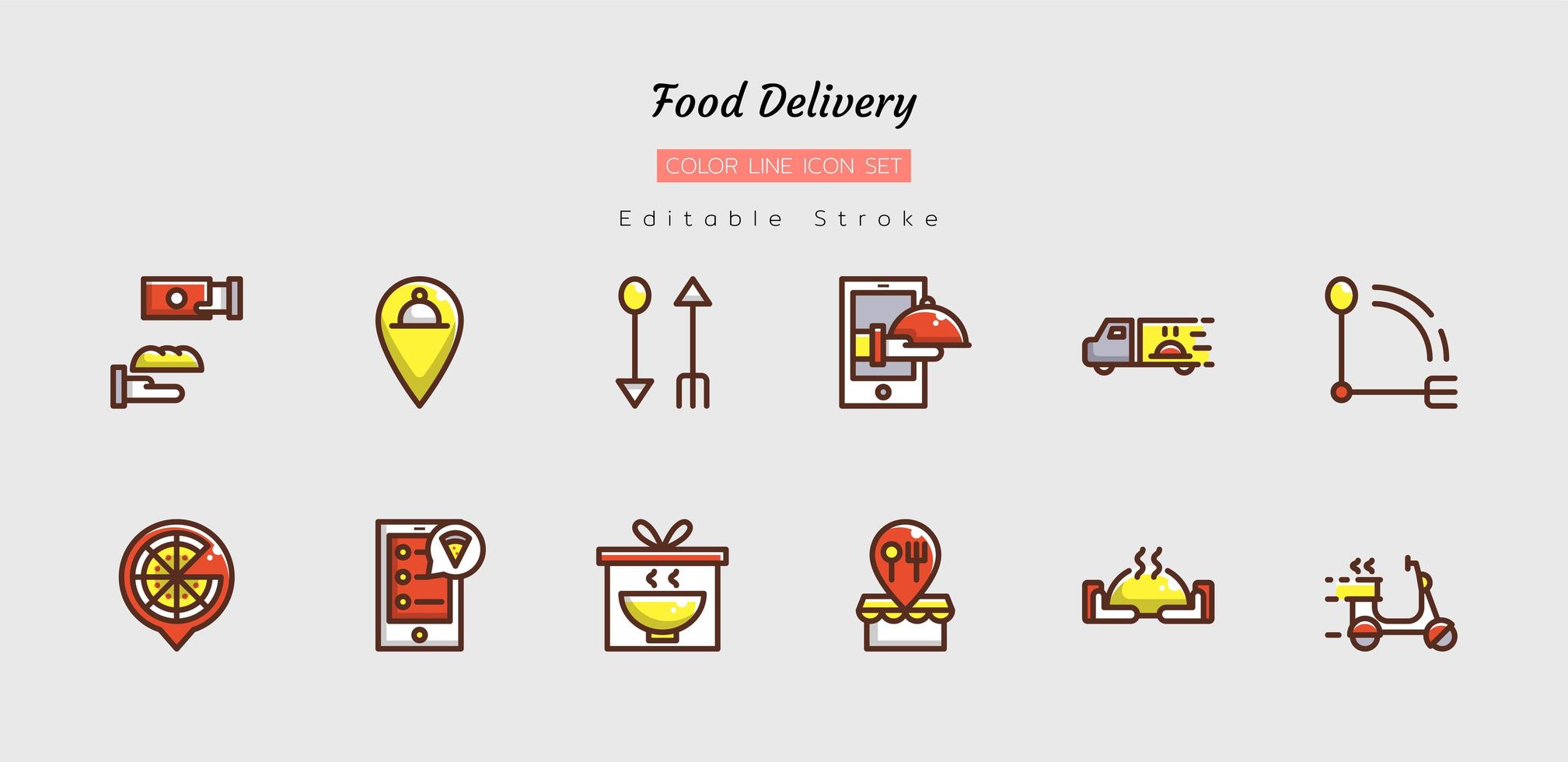 Filled color line food delivery icon symbol set vector