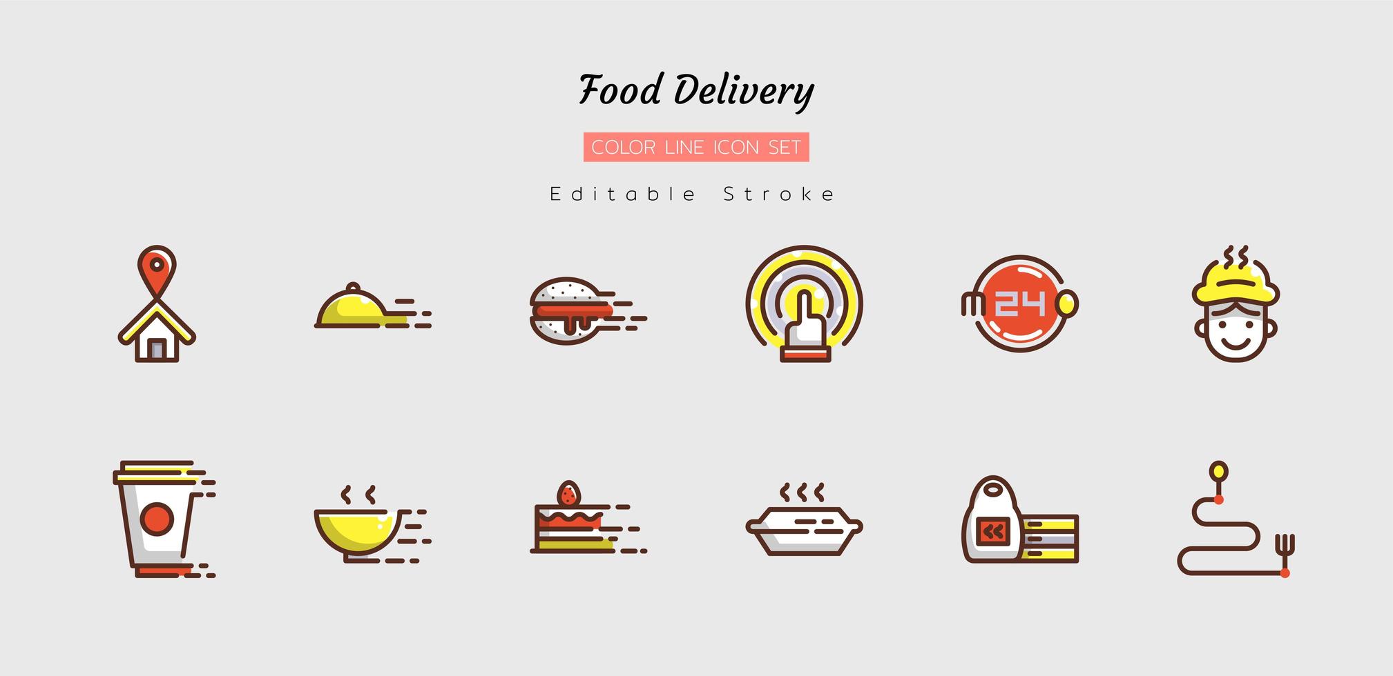 Filled line food delivery icon symbol set vector