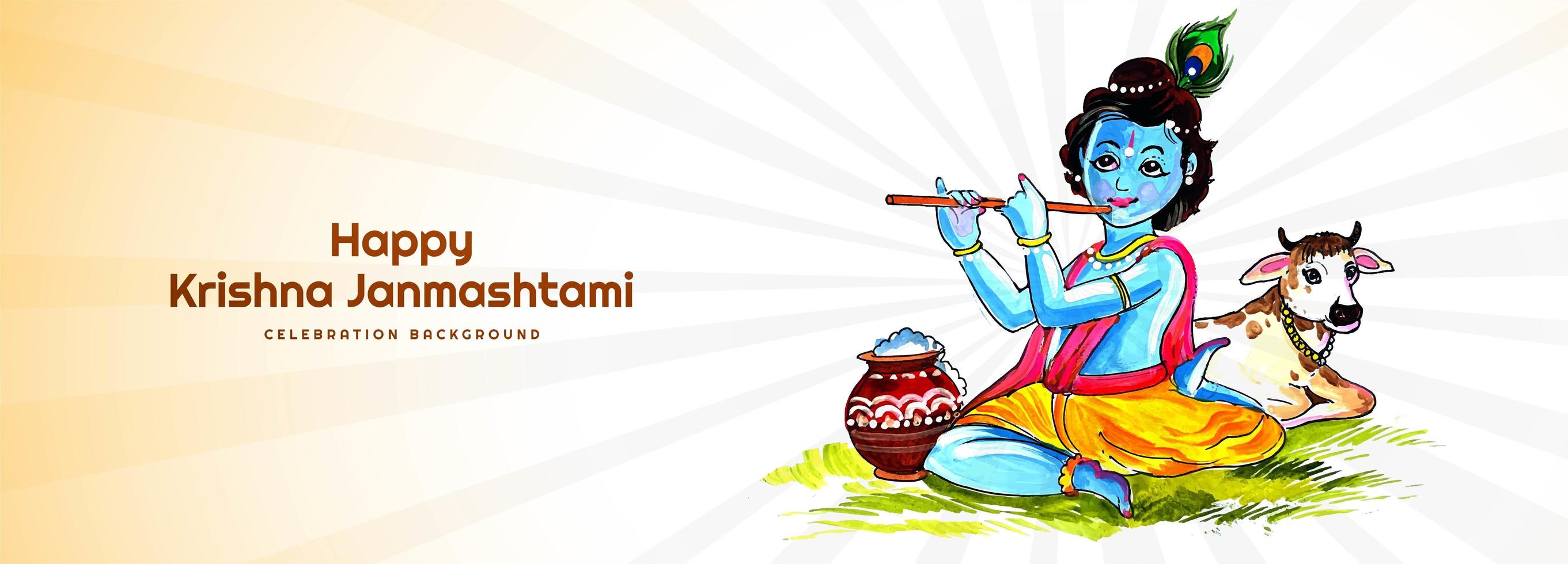 Happy Krishna Janmashtami Playing Flute Festival Banner vector