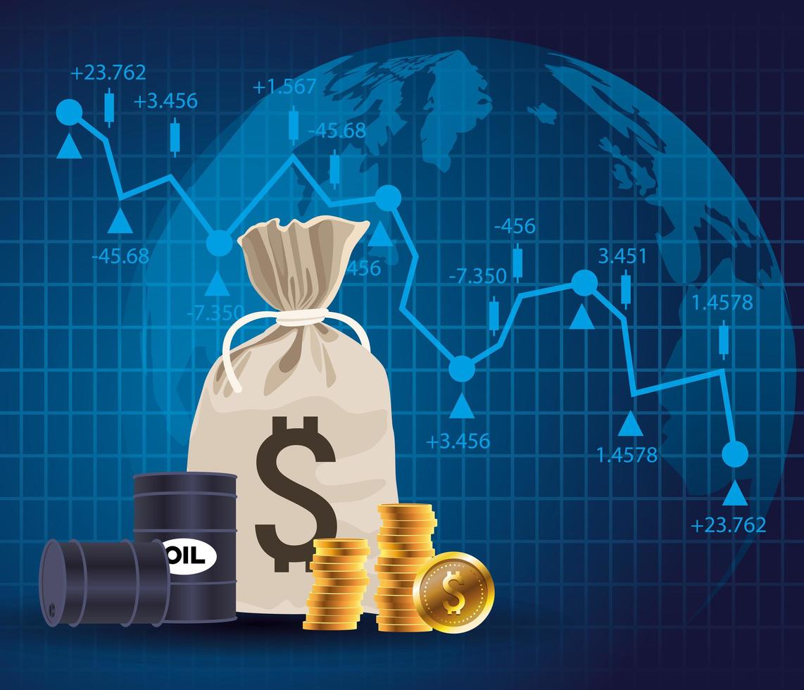 mercado de precios del petróleo con barriles y monedas bolsa de dinero vector