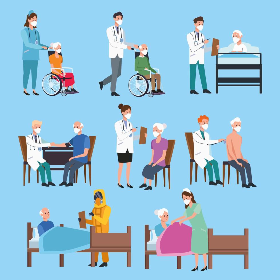 Set of medical staff protecting elderly characters vector