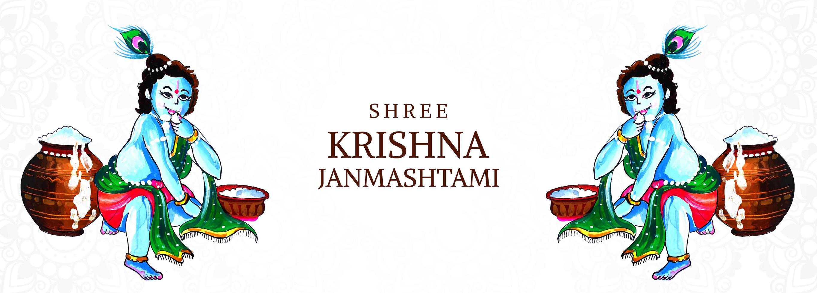 feliz krishna janmashtami señor krishna arrodillado tarjeta banner vector