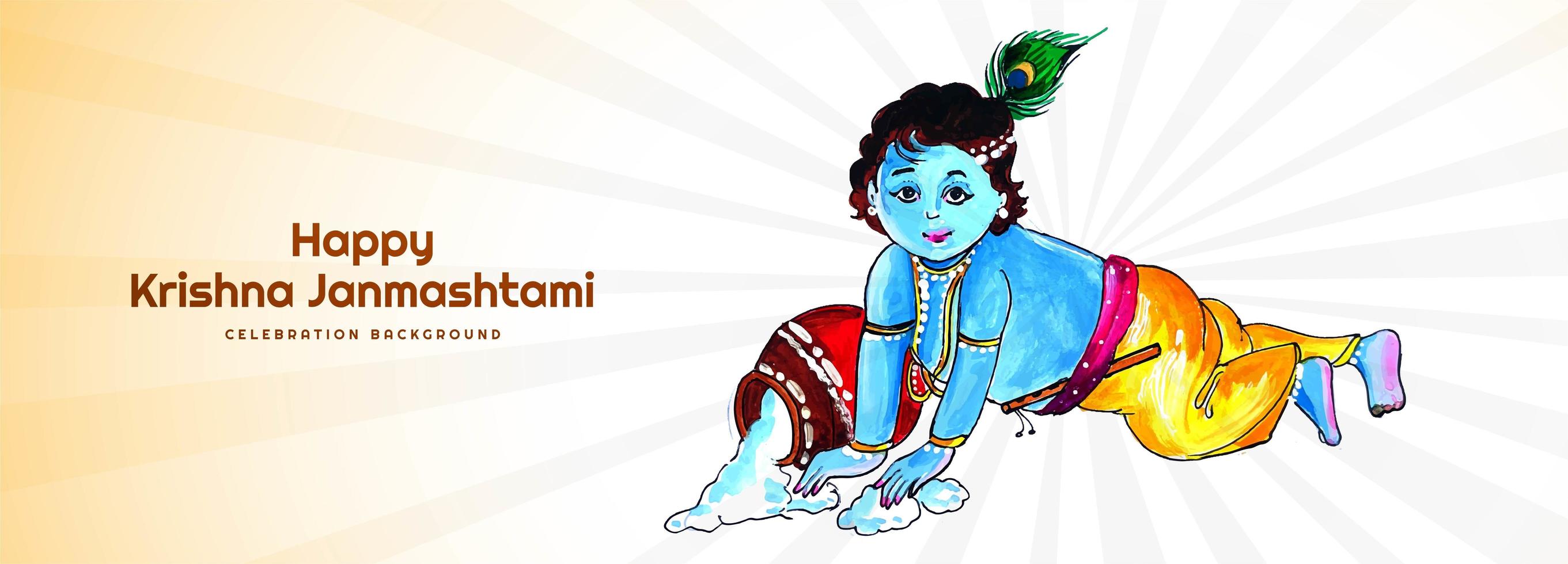 Happy Krishna Hand in Porridge Janmashtami Festival Banner vector