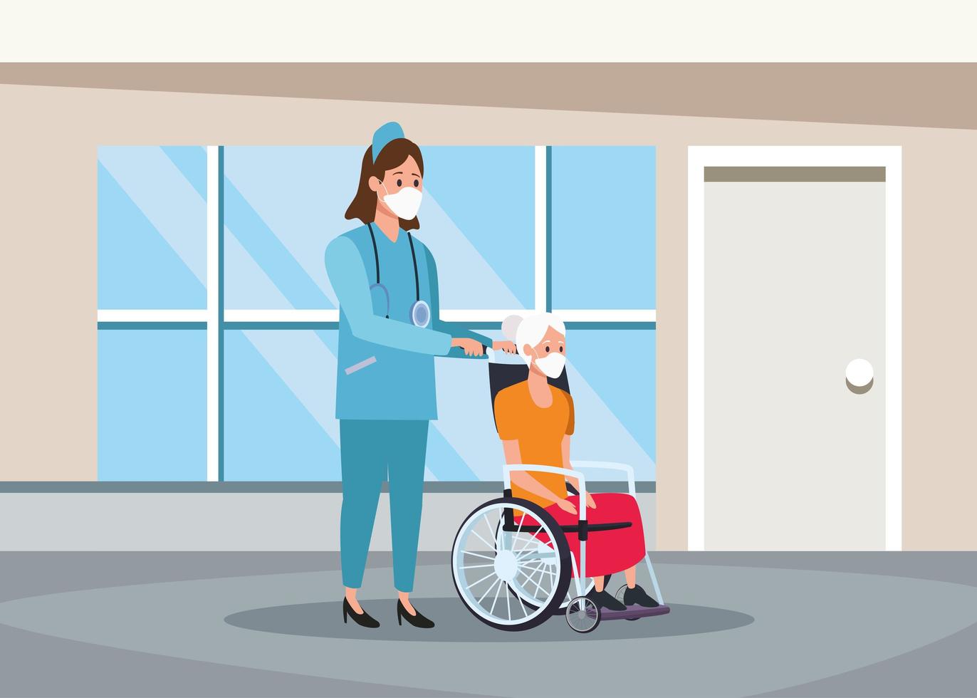 Nurse protecting elderly person with face masks characters vector