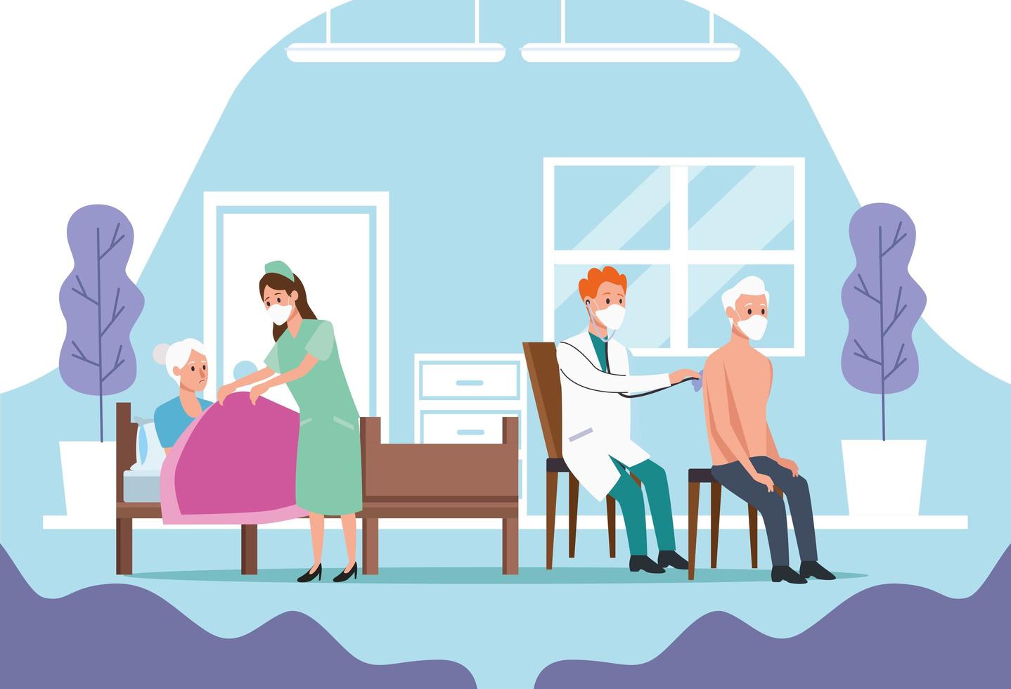 Medical staff protecting elderly couple characters vector